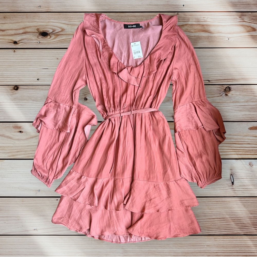 VERSONA Women’s Silky Long Sleeve V-Neck Ruffle Mini Dress in Baked Clay